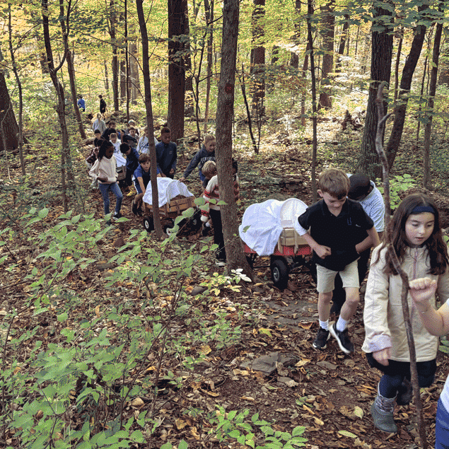 Students pulling their covered wagons through the Renbrook Trails